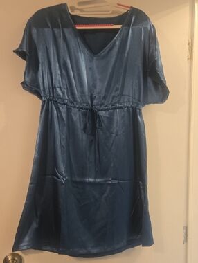 Blue Satin V-Neck Drawstring Waist Dress